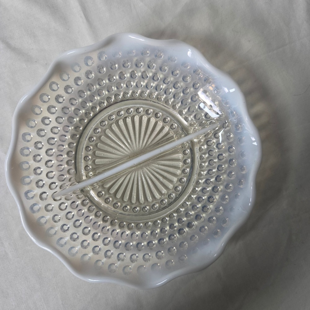 Vintage Fenton White Opalescent Hobnail Glass Divided Relish Dish Scalloped Rim